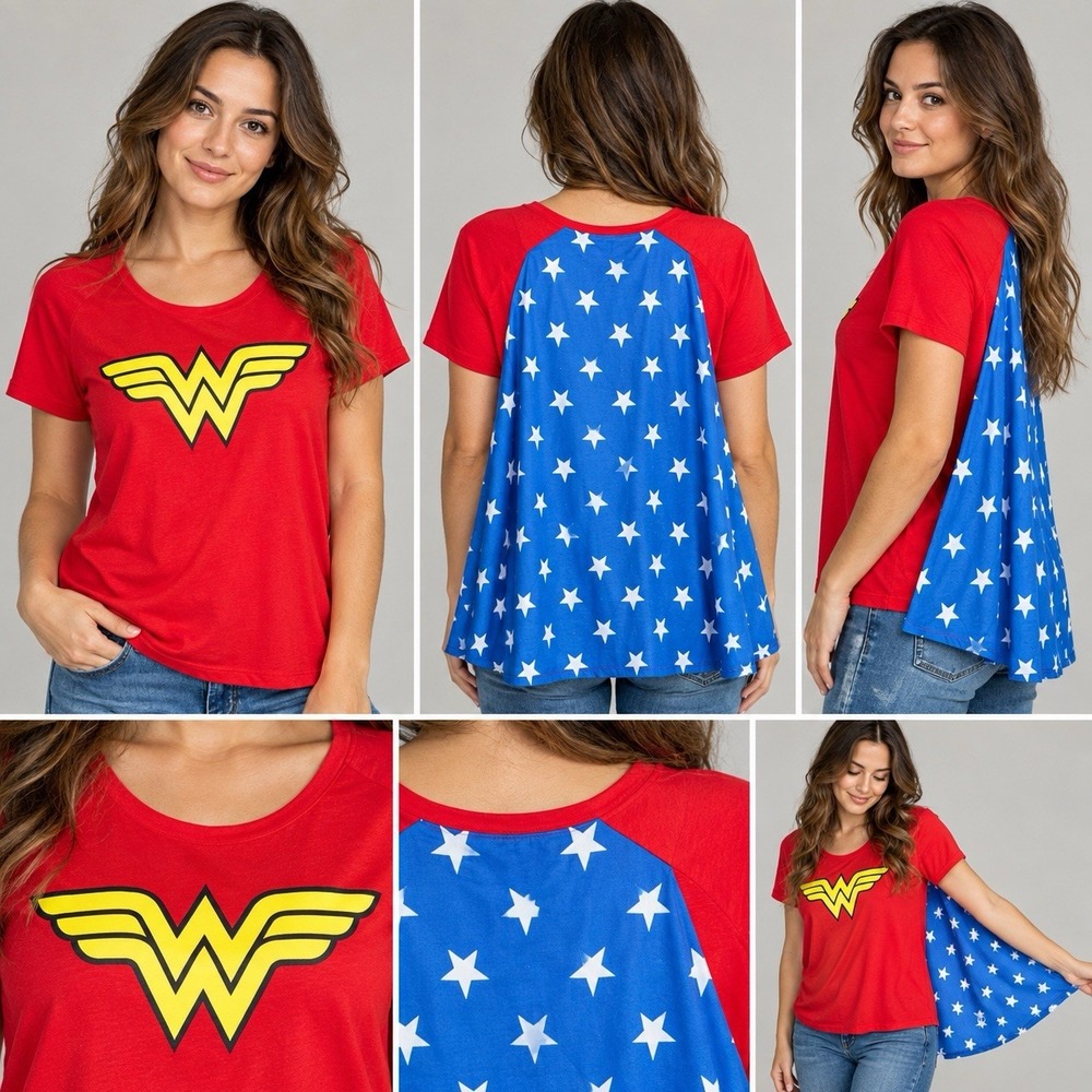 DC Comics Originals Wonder Woman Cape T-Shirt Women's L Red Blue Stars 2016